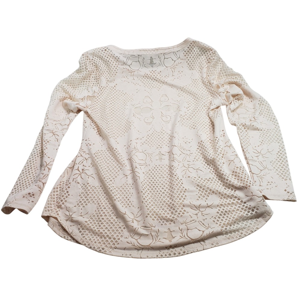 Cache Womens Laser Cut Burnout Long Sleeve Top Size L Cream Beige